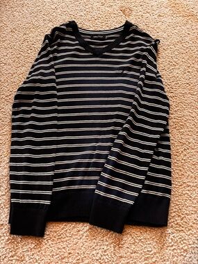 Nautica Women's Navy V-Neck Sweater with White Stripes